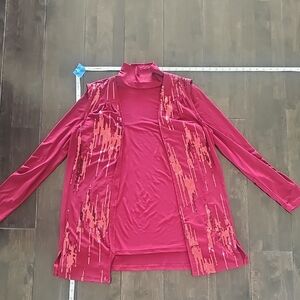 Red/burgundy Long Sleeve Top with Vest Overlay